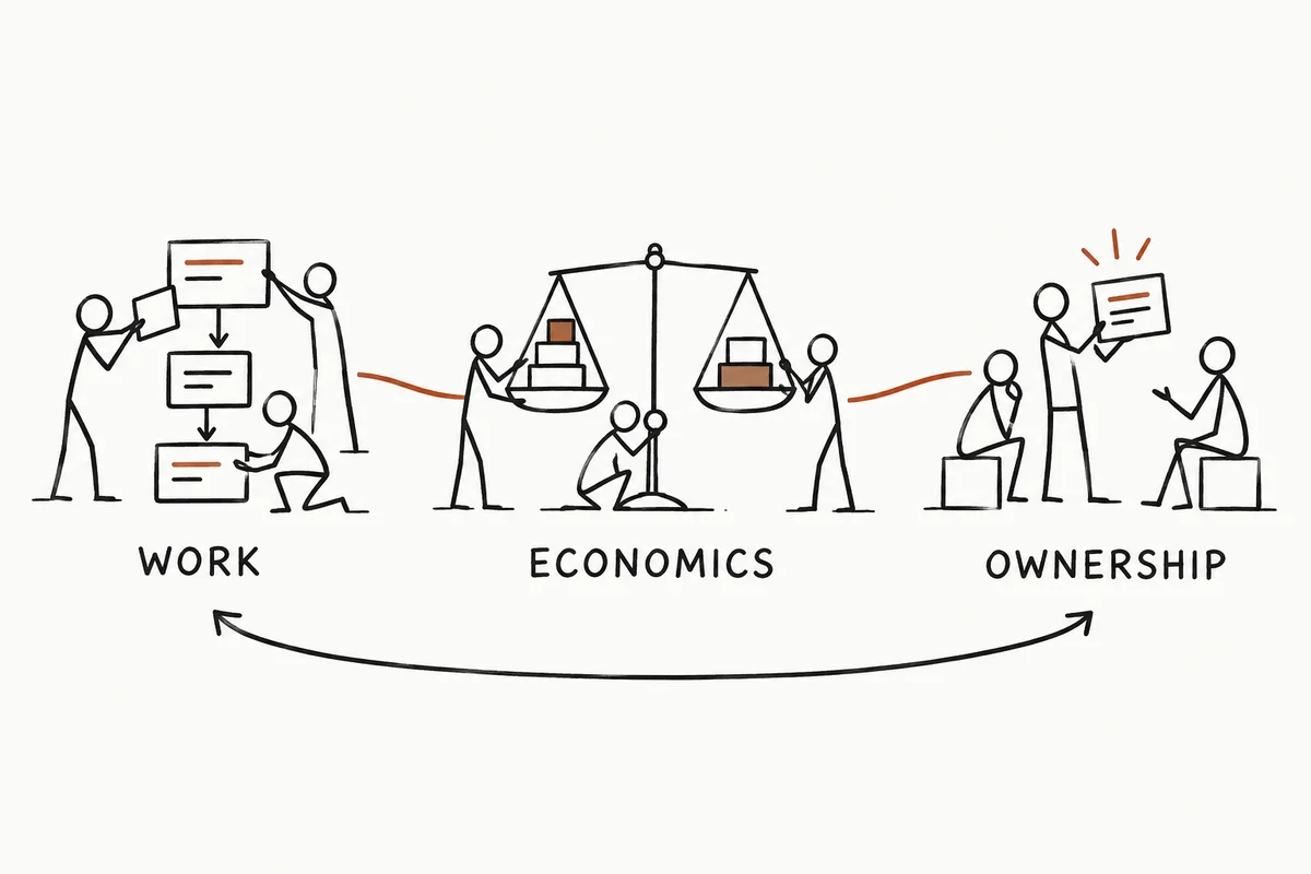 Hand-drawn teams connect work, economics, and ownership in a feedback loop.