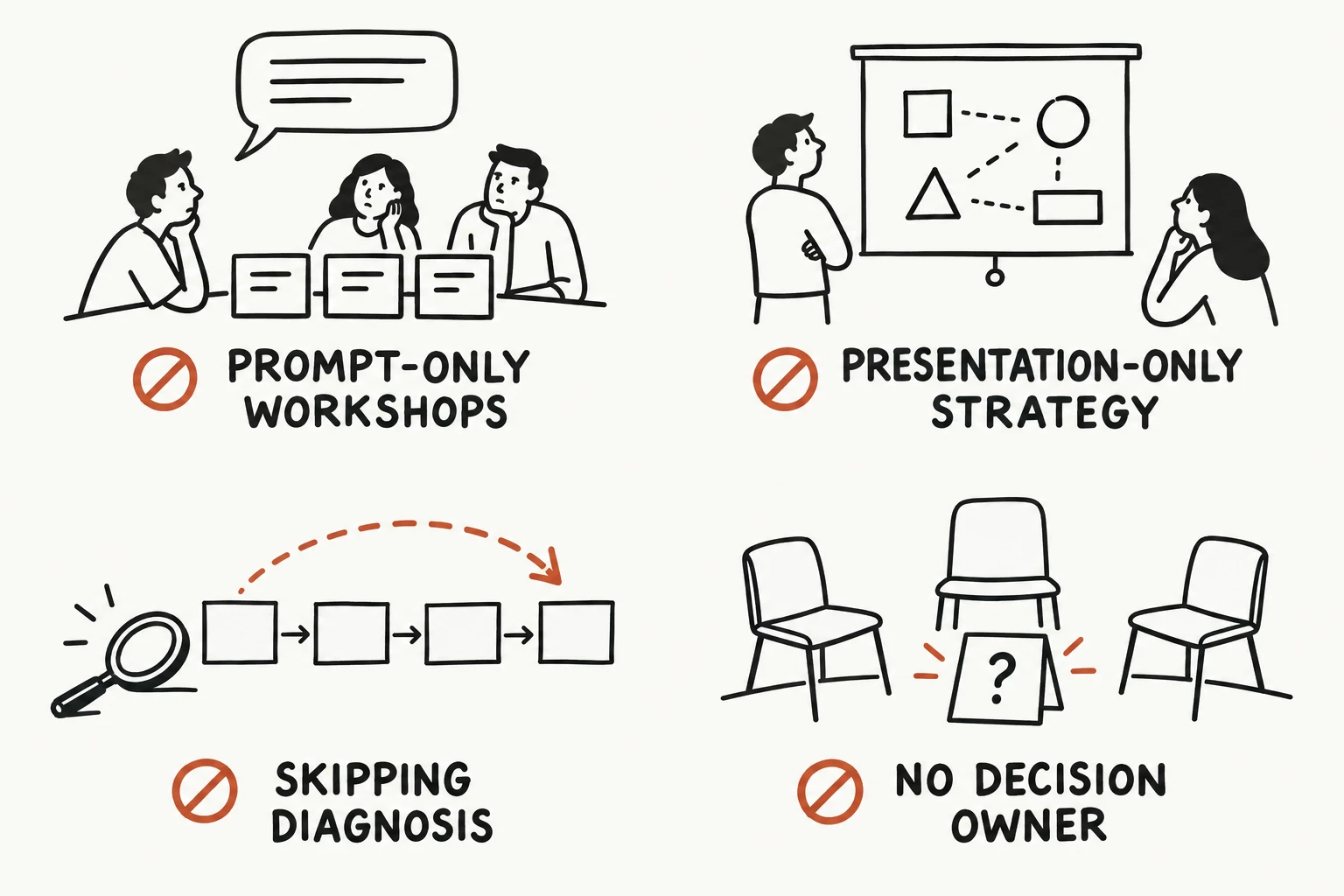 Four declined approaches: prompt-only workshops, presentation-only strategy, skipping diagnosis, and work with no decision owner.